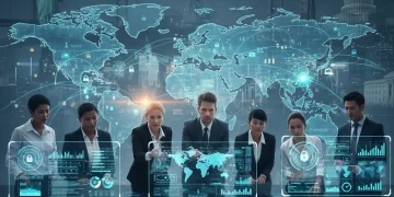 Global supply chain network with digital data flow and collaborating business professionals, symbolizing resilience efforts.