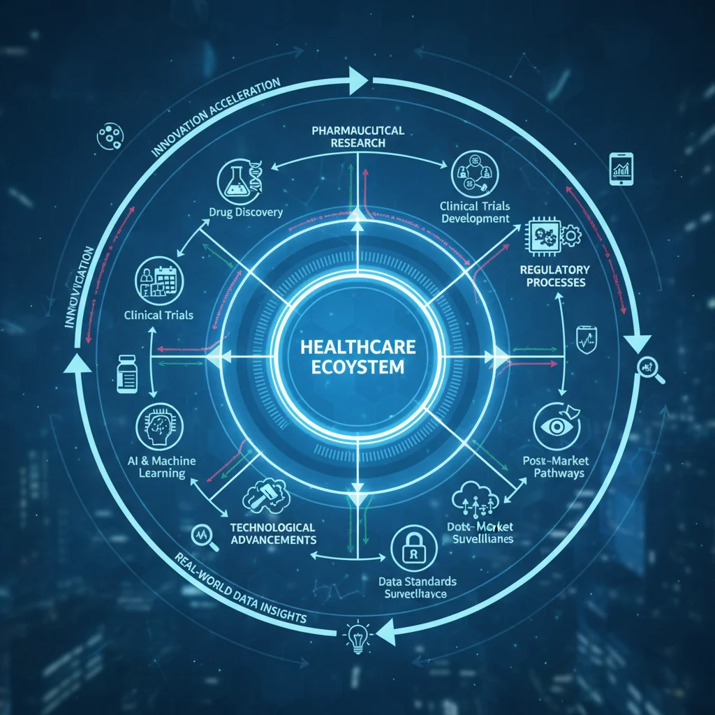 Complex diagram showing interconnections between pharmaceutical research, technology, and healthcare regulations.