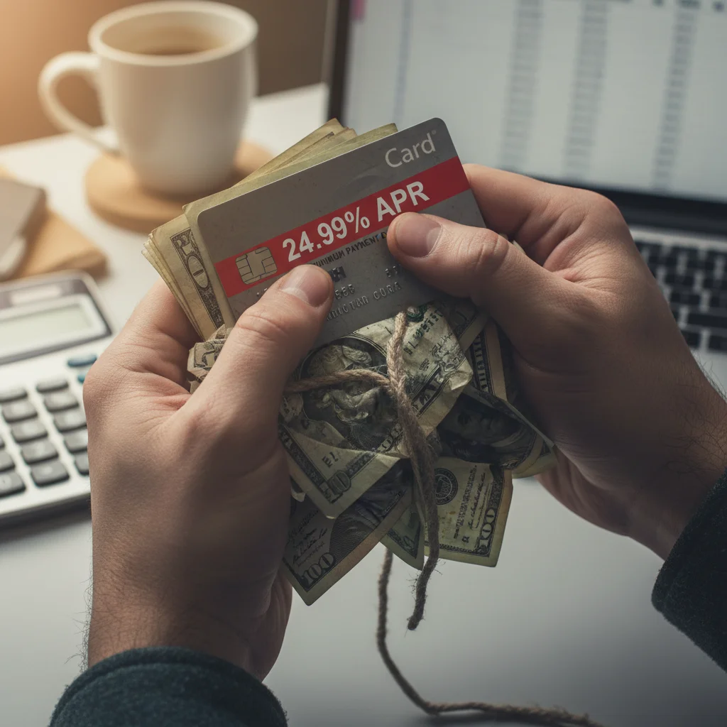 Hands holding a credit card and bills, representing high-interest debt.