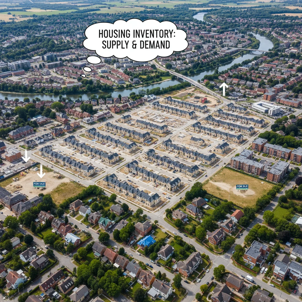 Aerial view of a diverse community with new housing developments, representing housing inventory and urban growth.