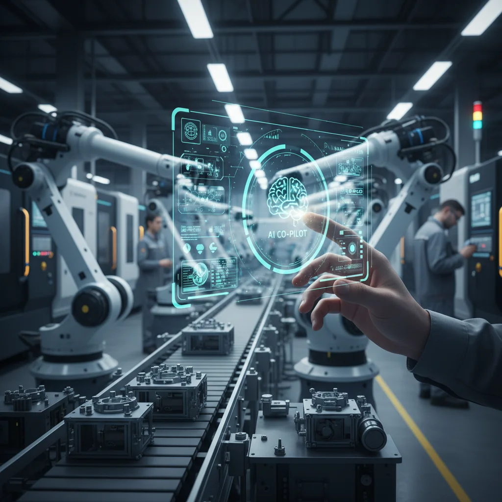 Human hand interacting with holographic interface in a smart factory, demonstrating human-AI collaboration.