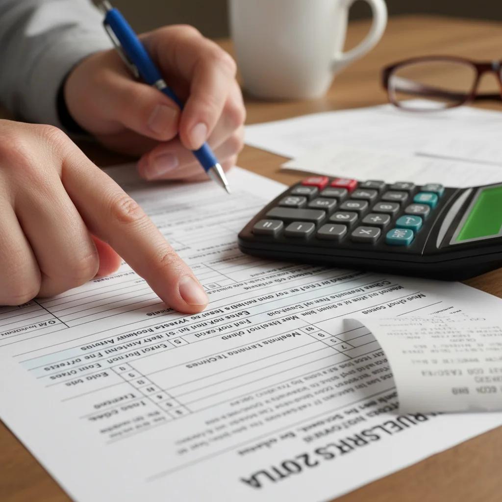 Hands highlighting deduction sections on a tax form