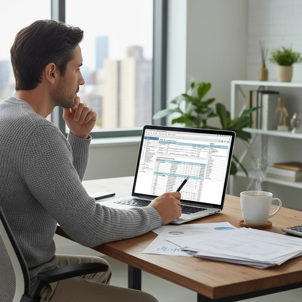 Individual reviewing tax forms and financial data on a laptop, contemplating tax strategies.