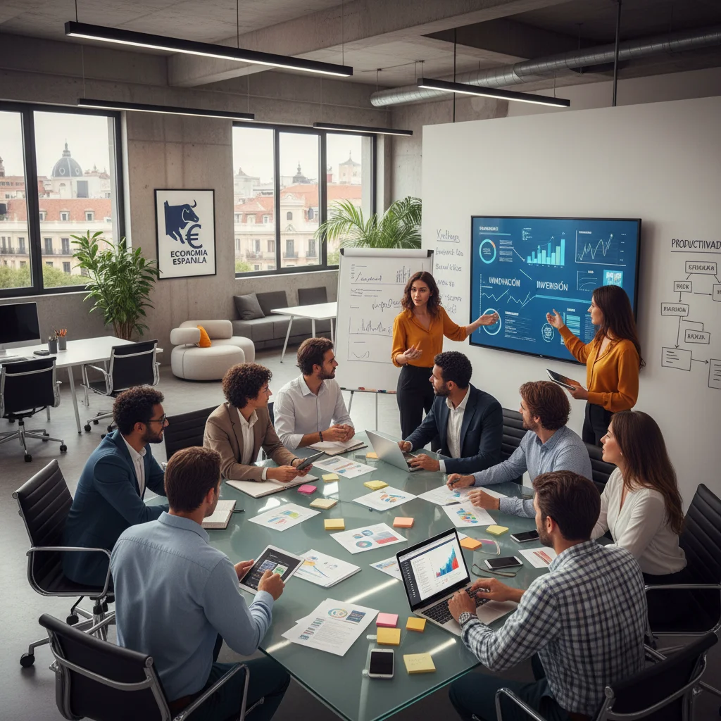 Equipo de profesionales colaborando en una oficina moderna, simbolizando innovación y productividad económica.