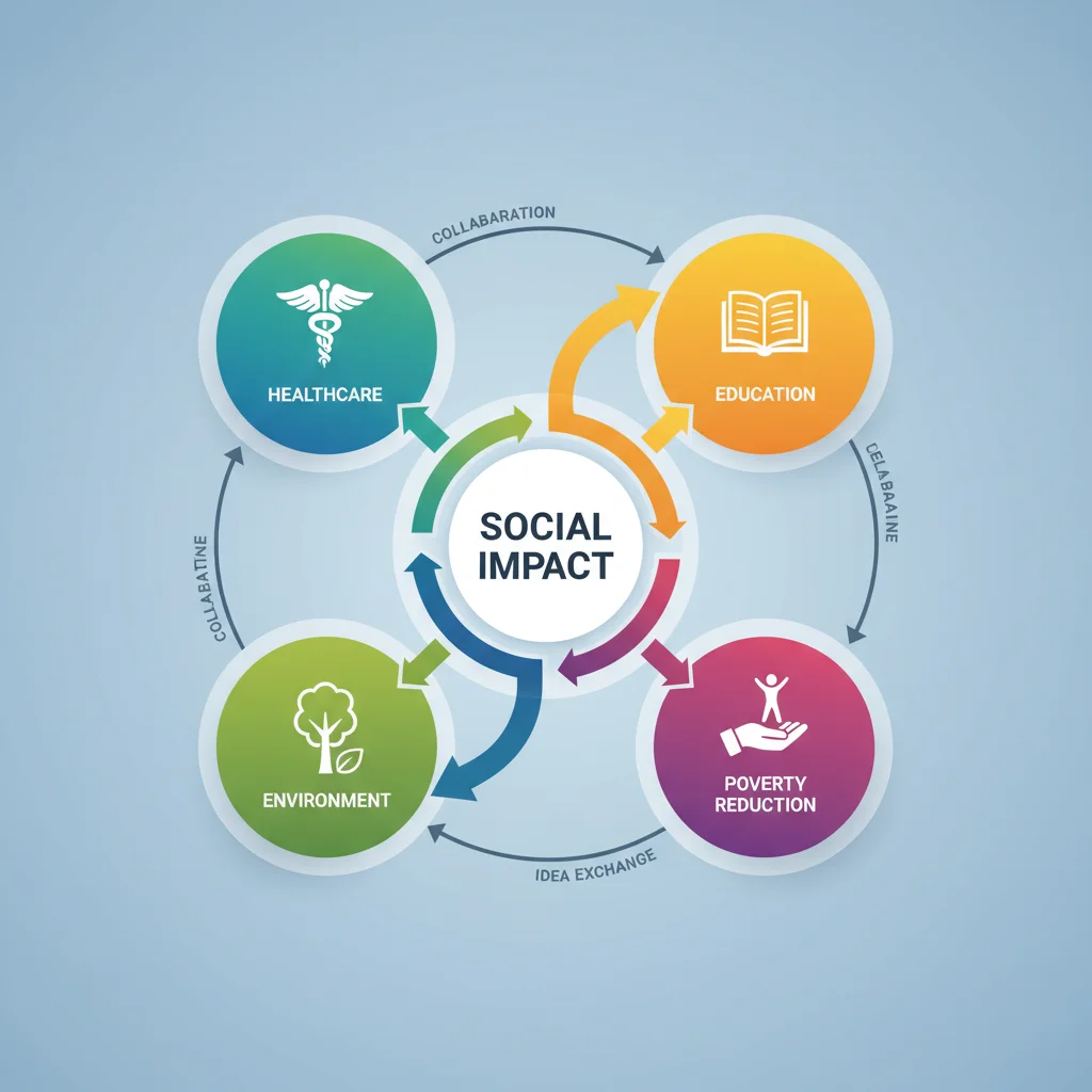 Infographic depicting interconnected sectors driving social impact through innovation