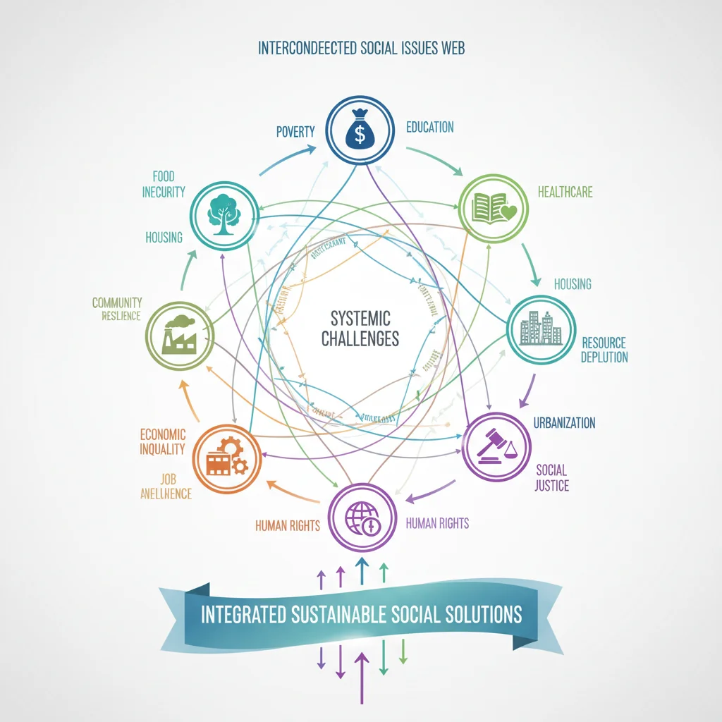 Interconnected social issues graphic demonstrating systemic challenges.