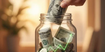 Hand placing a hundred dollar bill into a piggy bank, symbolizing consistent investment growth.
