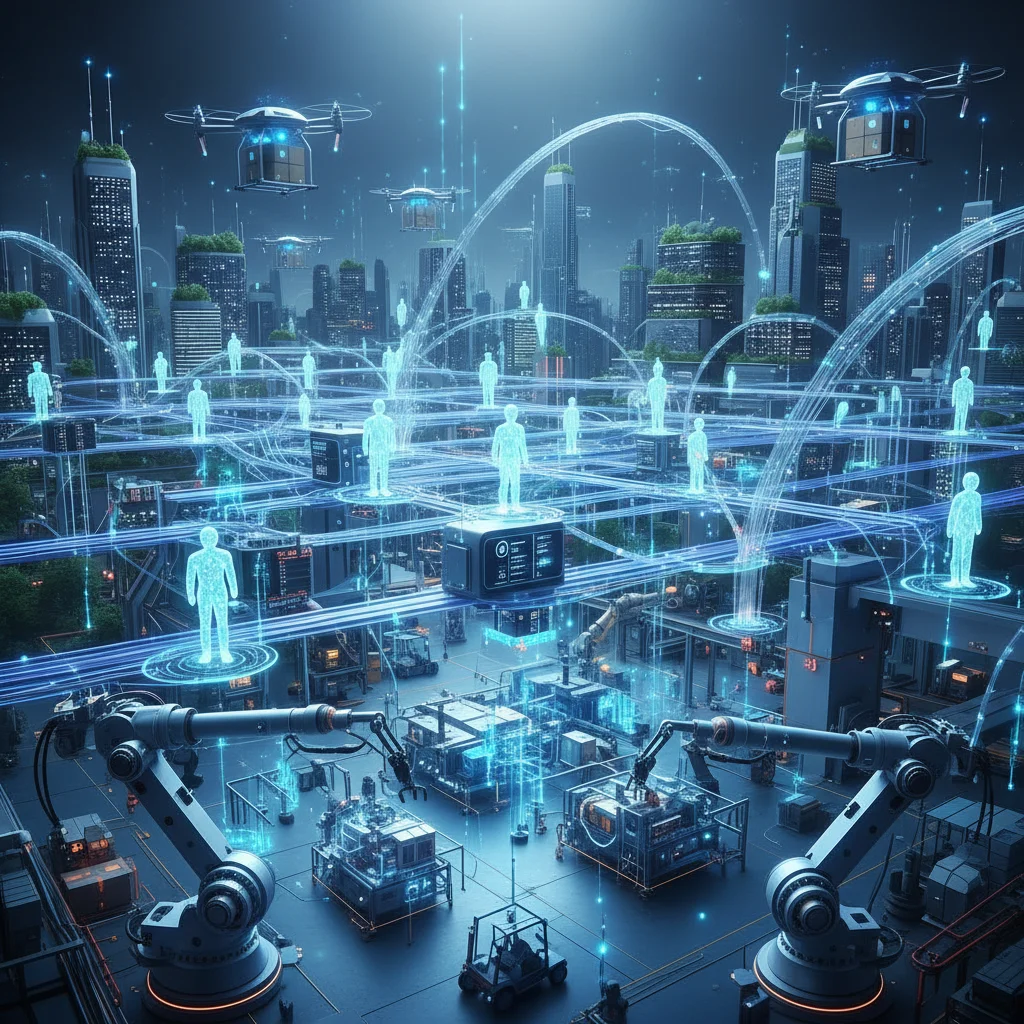 Interconnected IoT devices and smart city infrastructure showing technological integration