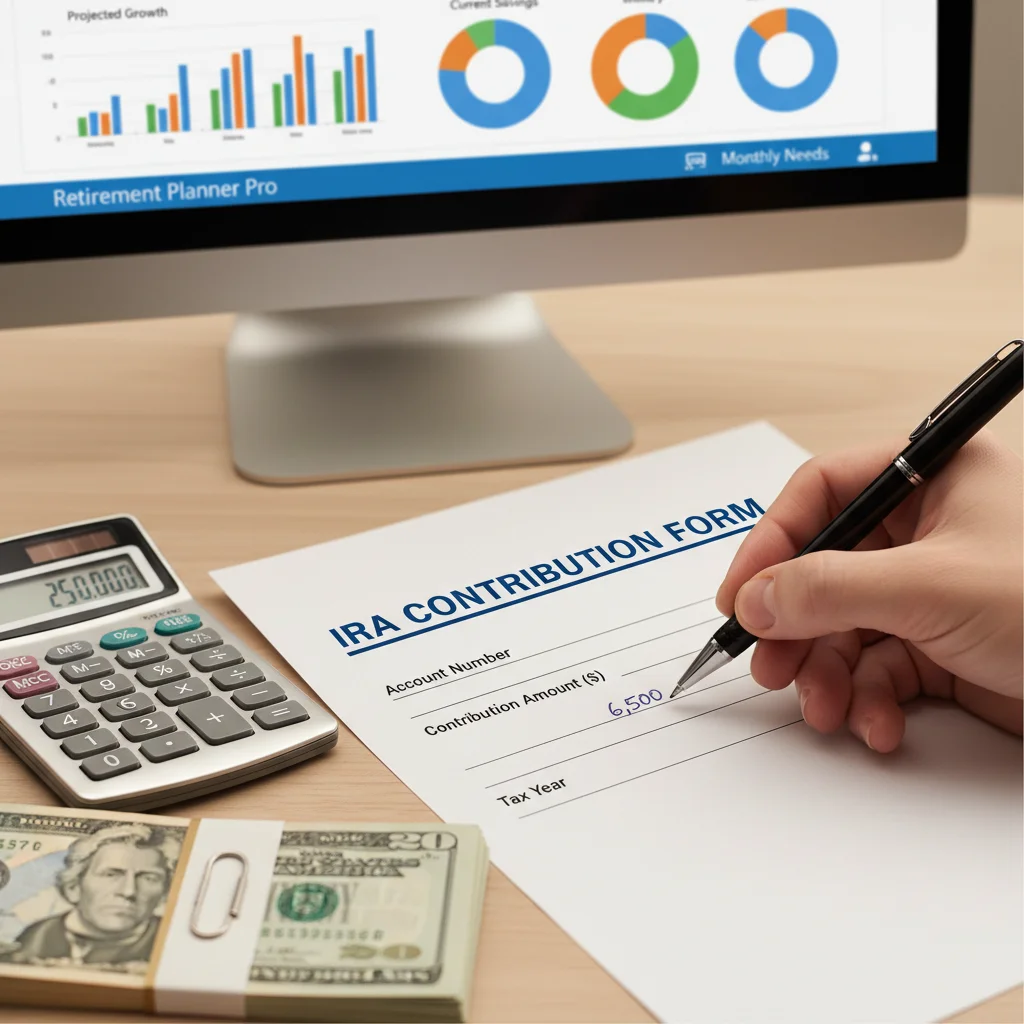 Hand filling out an IRA contribution form with a pen and calculator.