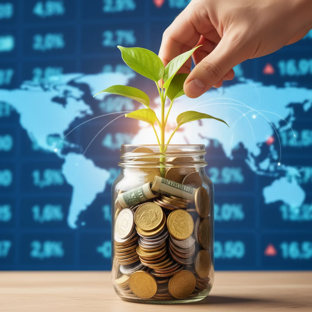 Symbolic representation of long-term investment and diversified growth with a plant in a money jar.