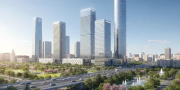 Skyline moderno de Madrid, símbolo de crecimiento económico y desarrollo en España.