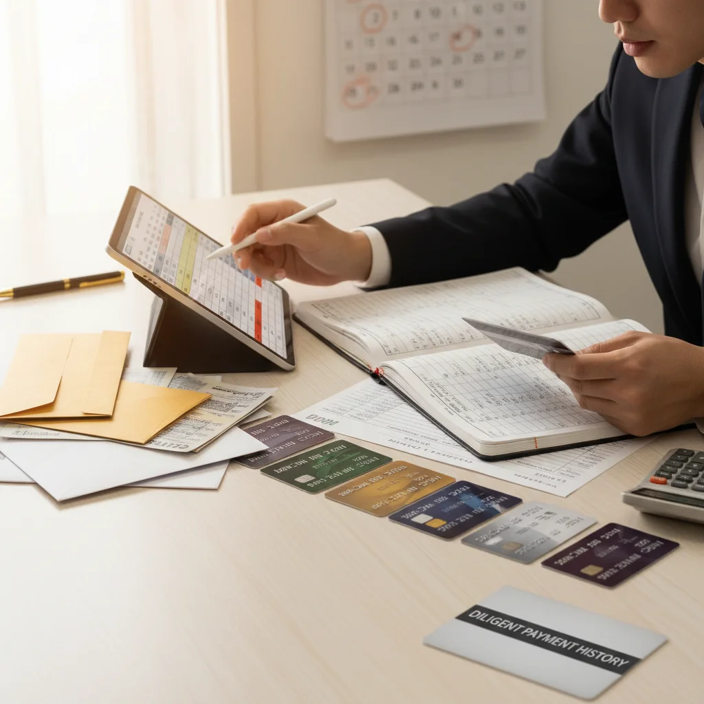 Person organizing credit card payments and bills
