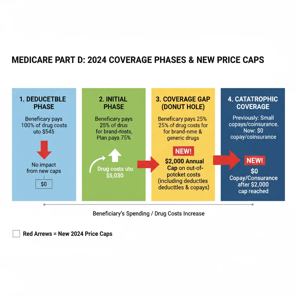 Infographic showing Medicare Part D coverage phases and new drug price caps