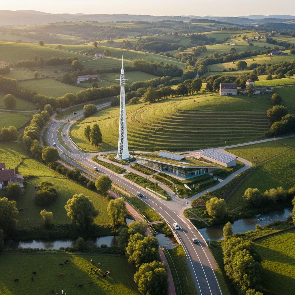 Aerial view of a modernized rural landscape with new infrastructure from development programs.