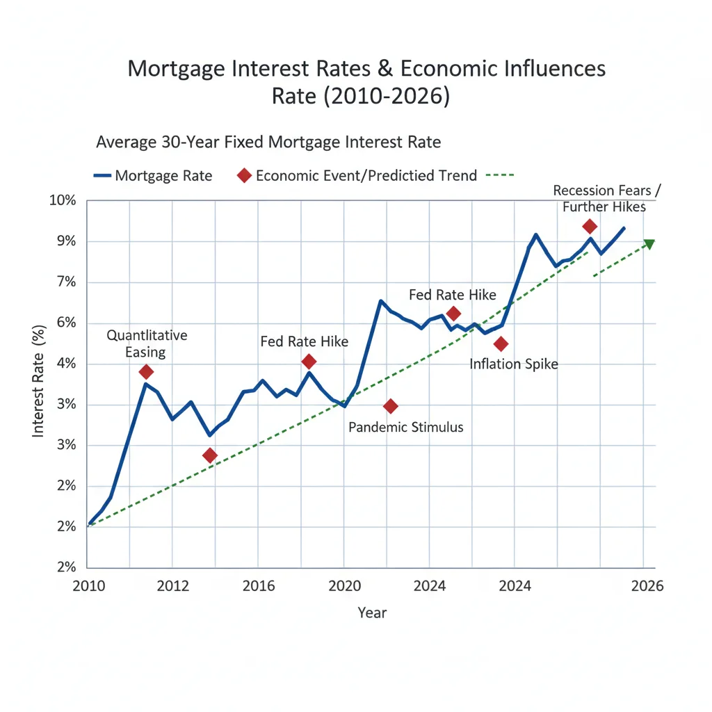 Graph illustrating mortgage interest rate trends and predictions up to 2026.