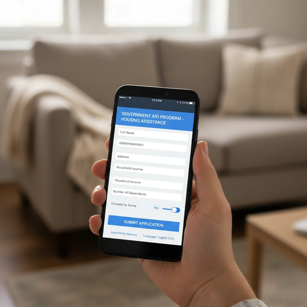 Person filling out online application for financial assistance program on smartphone