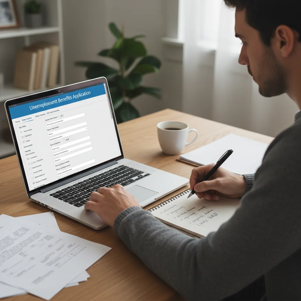 Individual carefully completing an online unemployment benefits application.