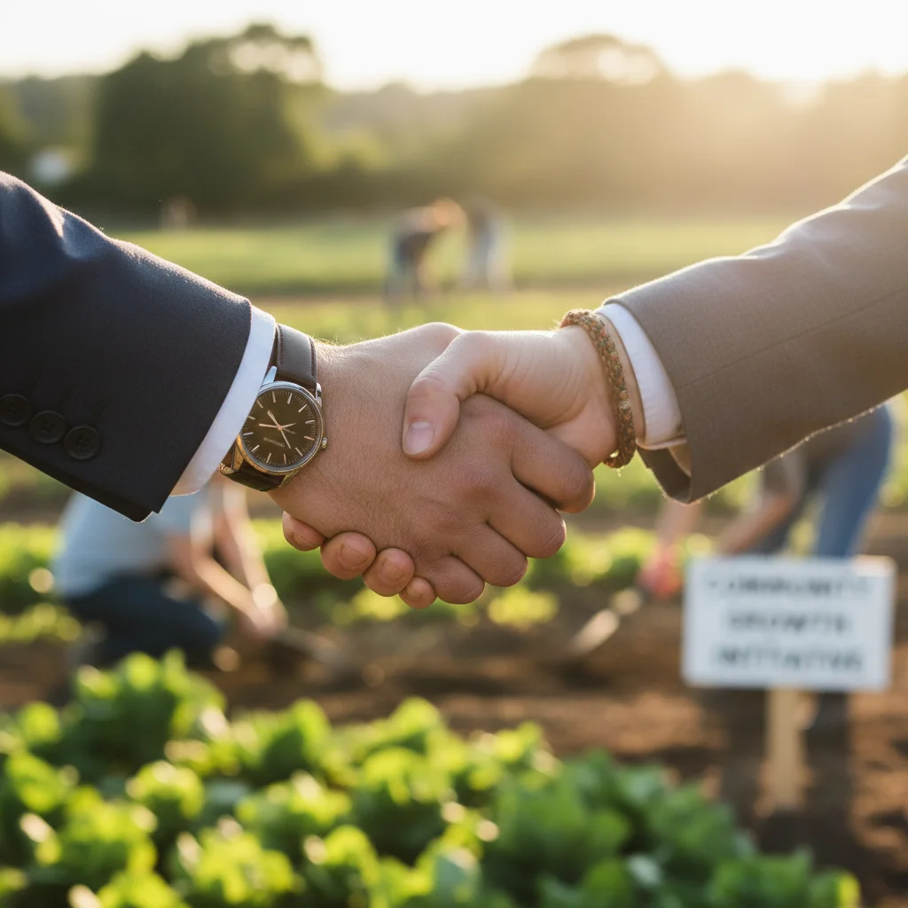 Symbolic handshake between non-profit and business partners, signifying collaboration