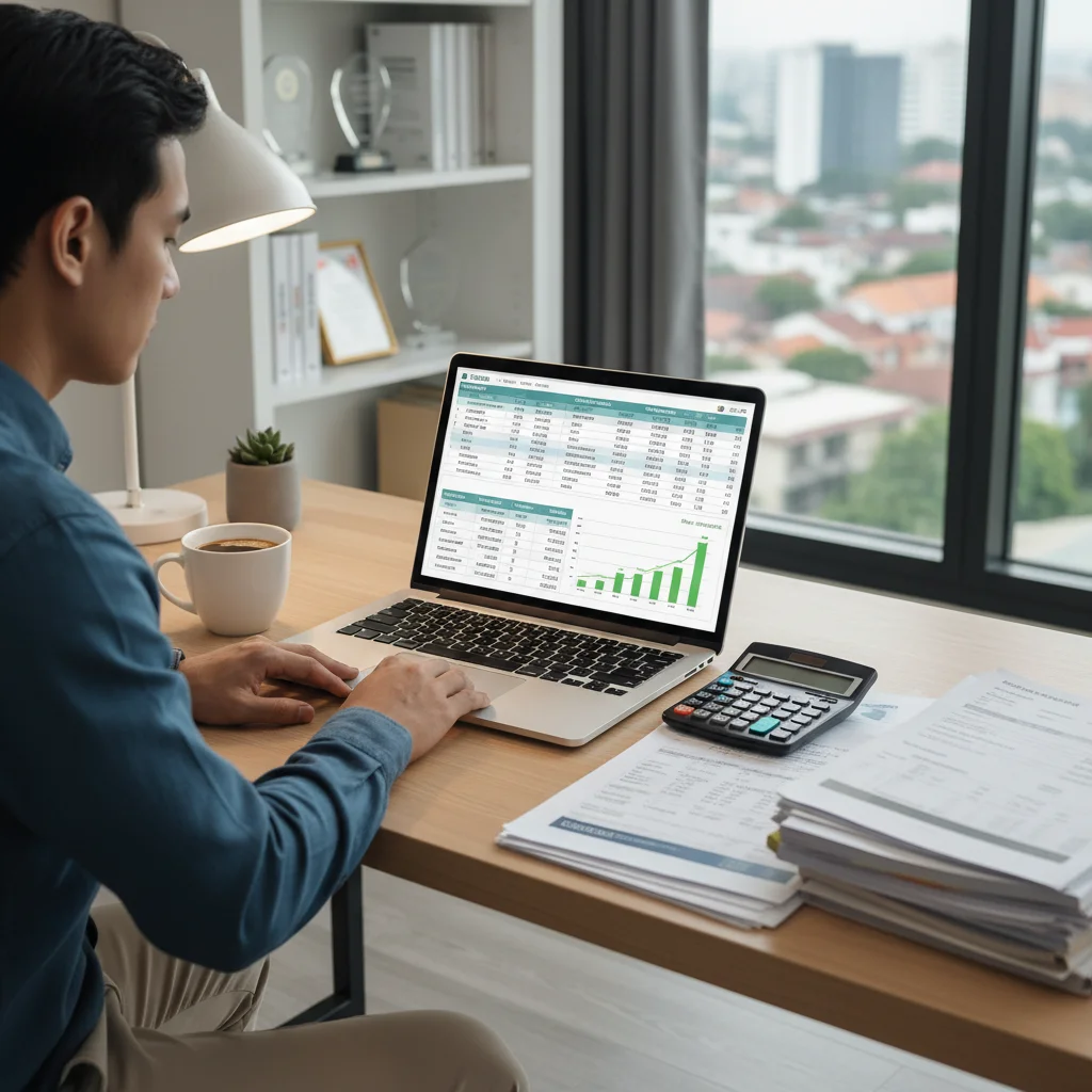 Individual meticulously reviewing and managing a personal budget on a laptop, demonstrating proactive financial planning.