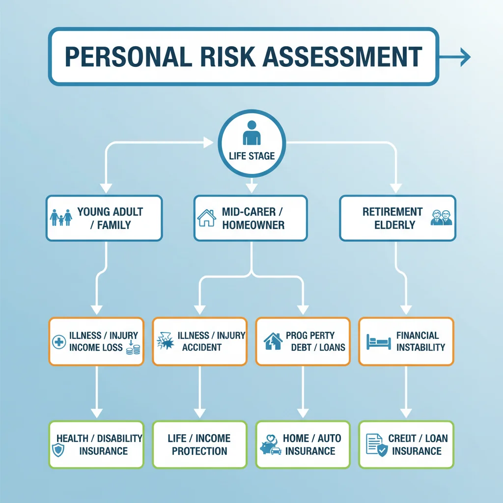 Infographic illustrating personal risk assessment and corresponding insurance solutions for various life stages.
