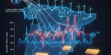 Gráfico complejo que muestra la volatilidad de los precios de la electricidad en España en 2026, influenciados por la crisis energética global.