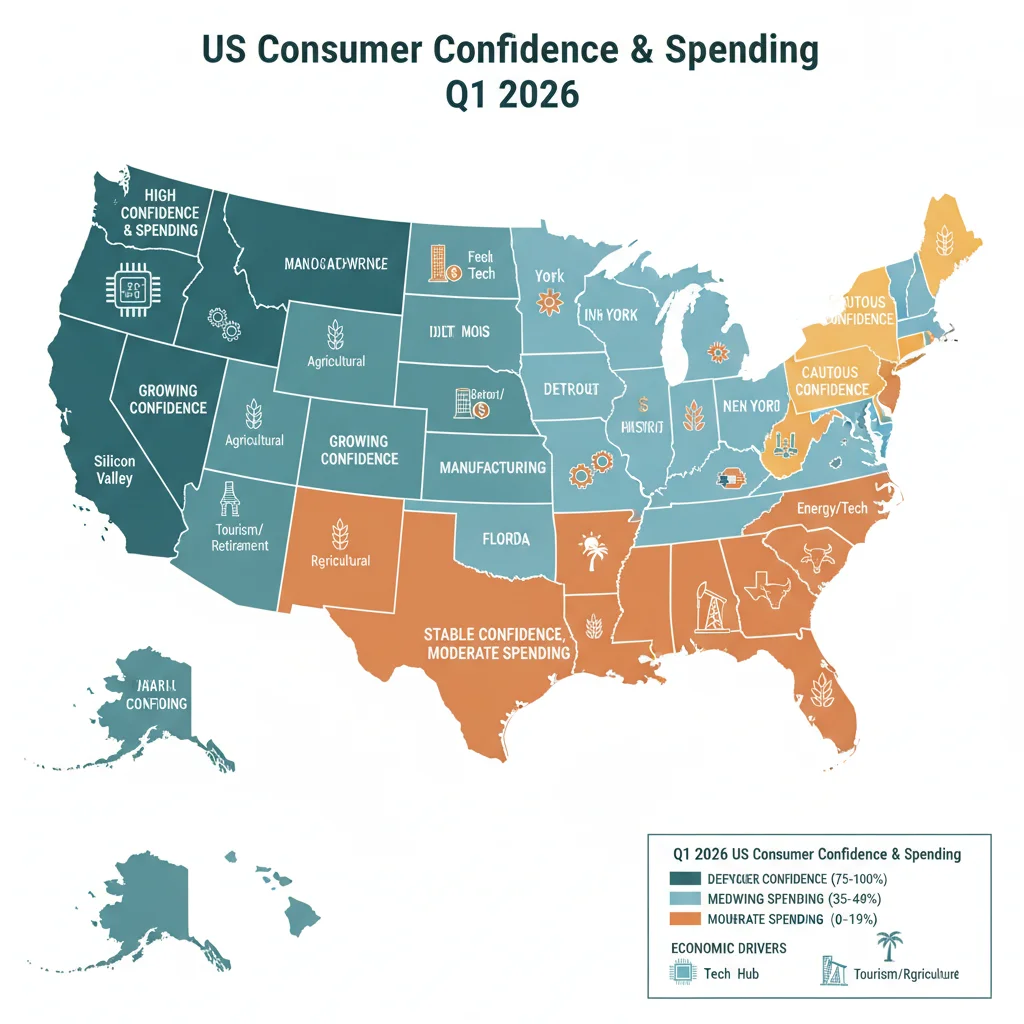 Map of US showing regional consumer spending and confidence variations Q1 2026.