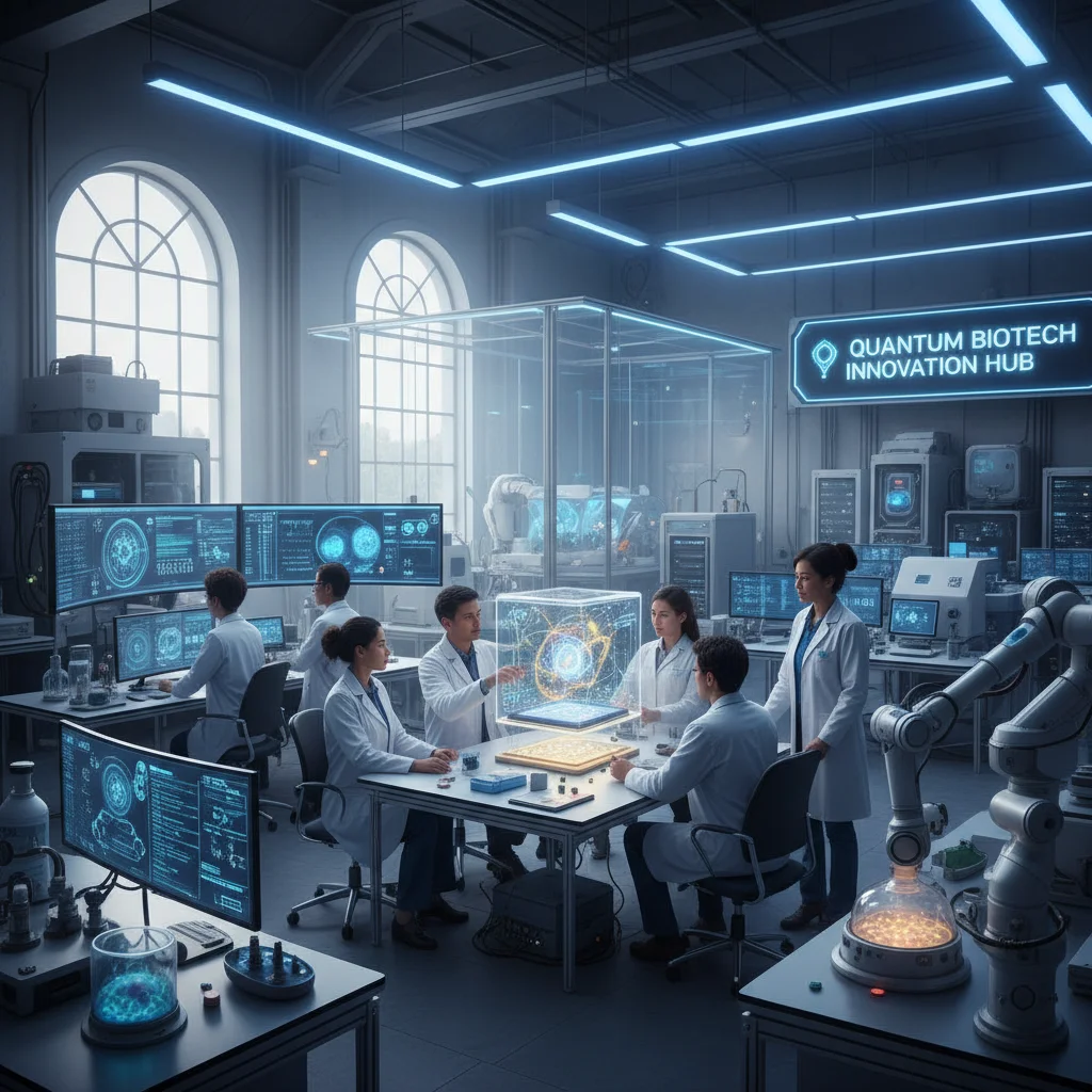 Researchers collaborating in a modern lab on quantum computing and biotechnology experiments.