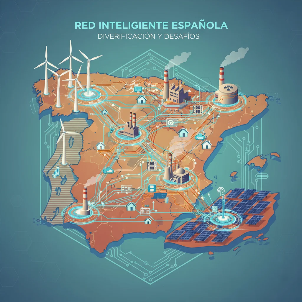 Representación de una red eléctrica inteligente en España, integrando energías renovables y fuentes tradicionales para el suministro en 2026.