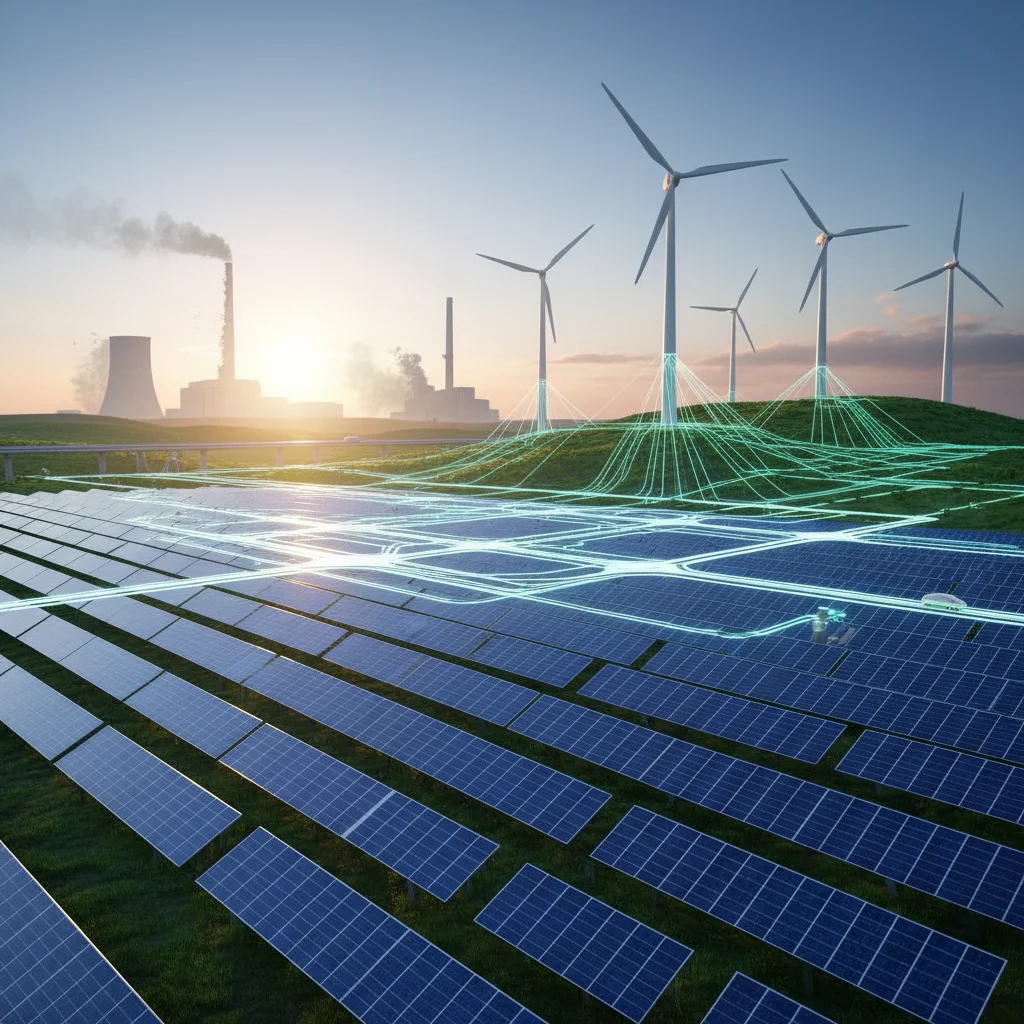 Renewable energy transition with solar panels, wind turbines, and smart grid