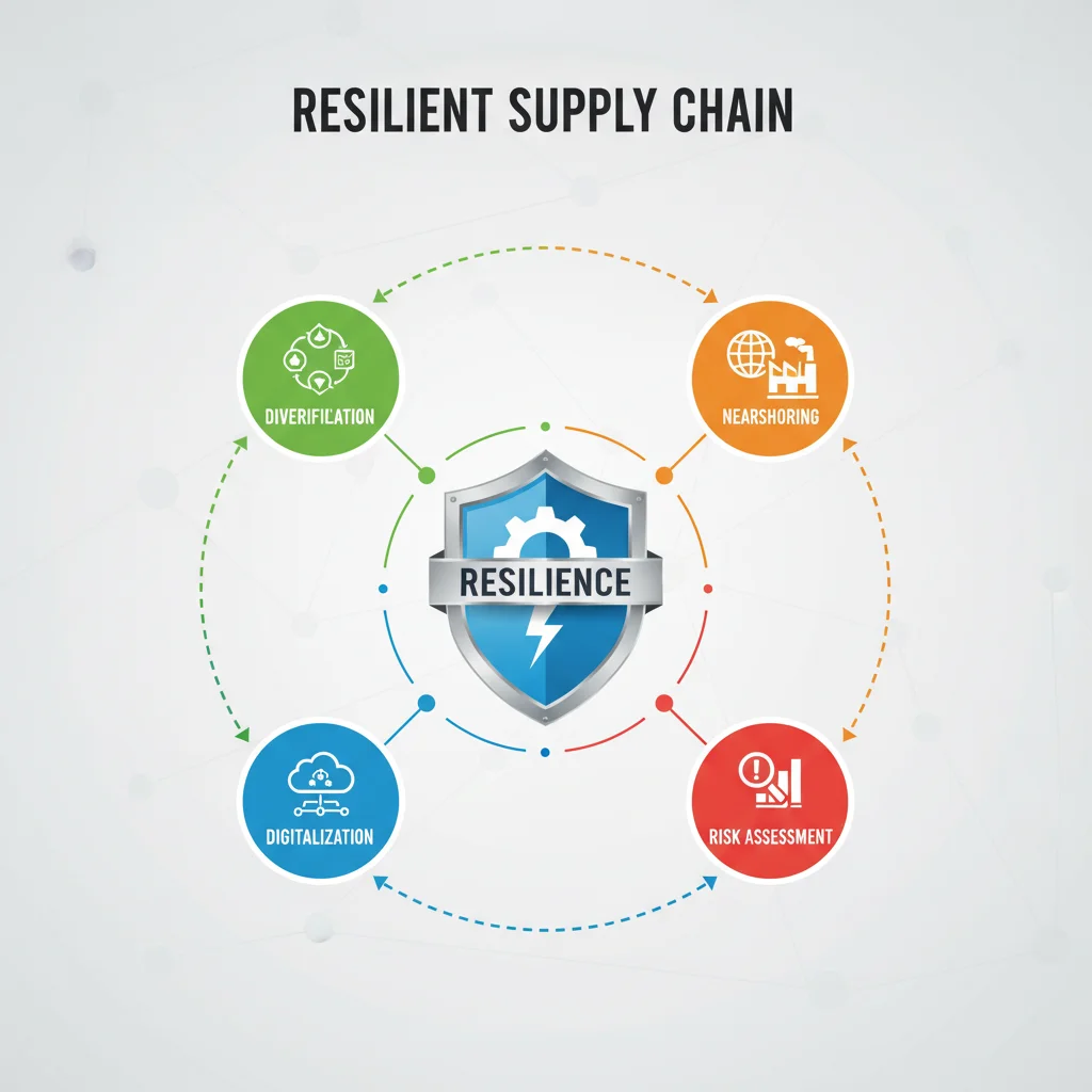 Infographic illustrating key components of a resilient supply chain strategy including diversification, digitalization, and risk assessment.