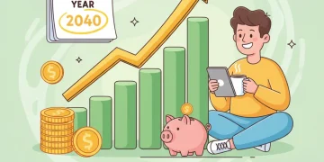 Illustration of a person planning retirement savings with growing charts and financial symbols.