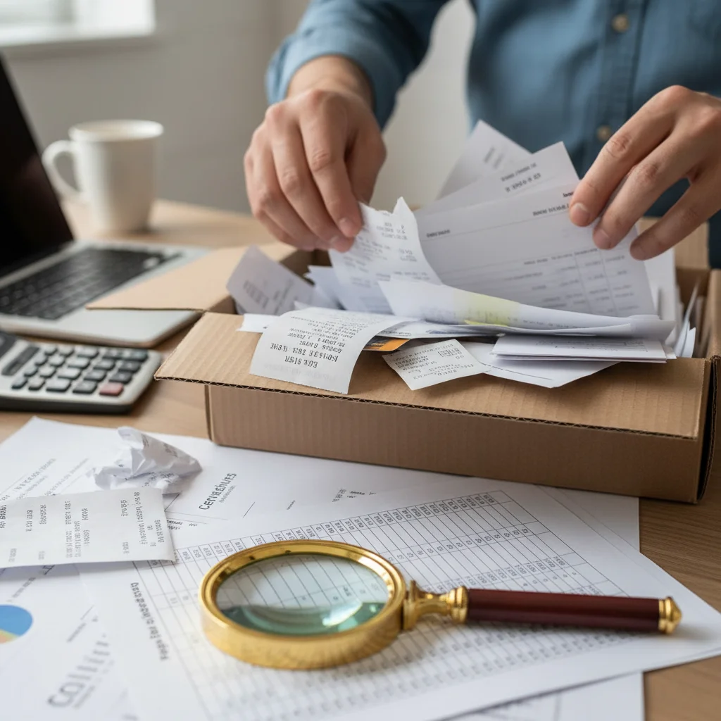 Hands reviewing financial receipts and statements for audit