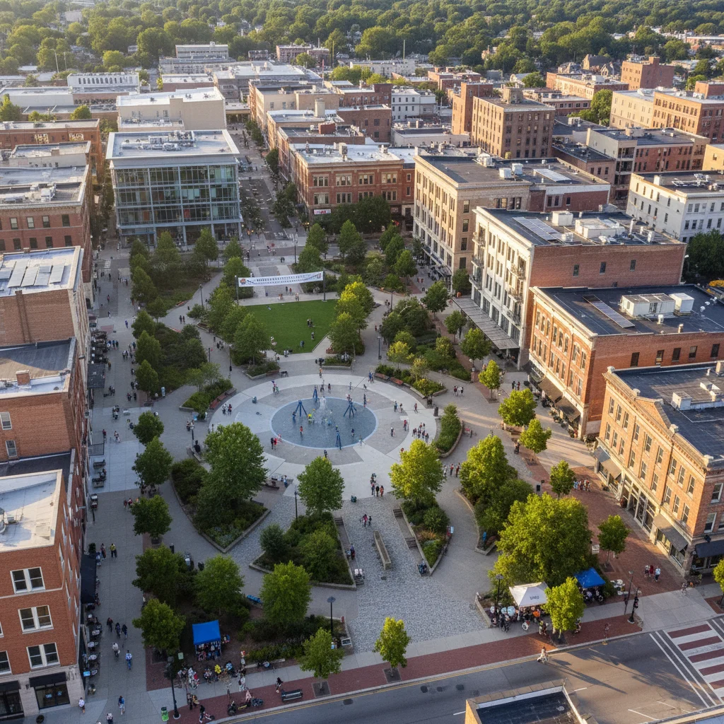 Aerial view of a revitalized US downtown with new infrastructure and green spaces.