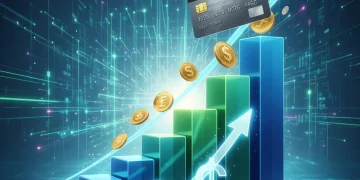 Graph showing rising credit score with credit cards and coins