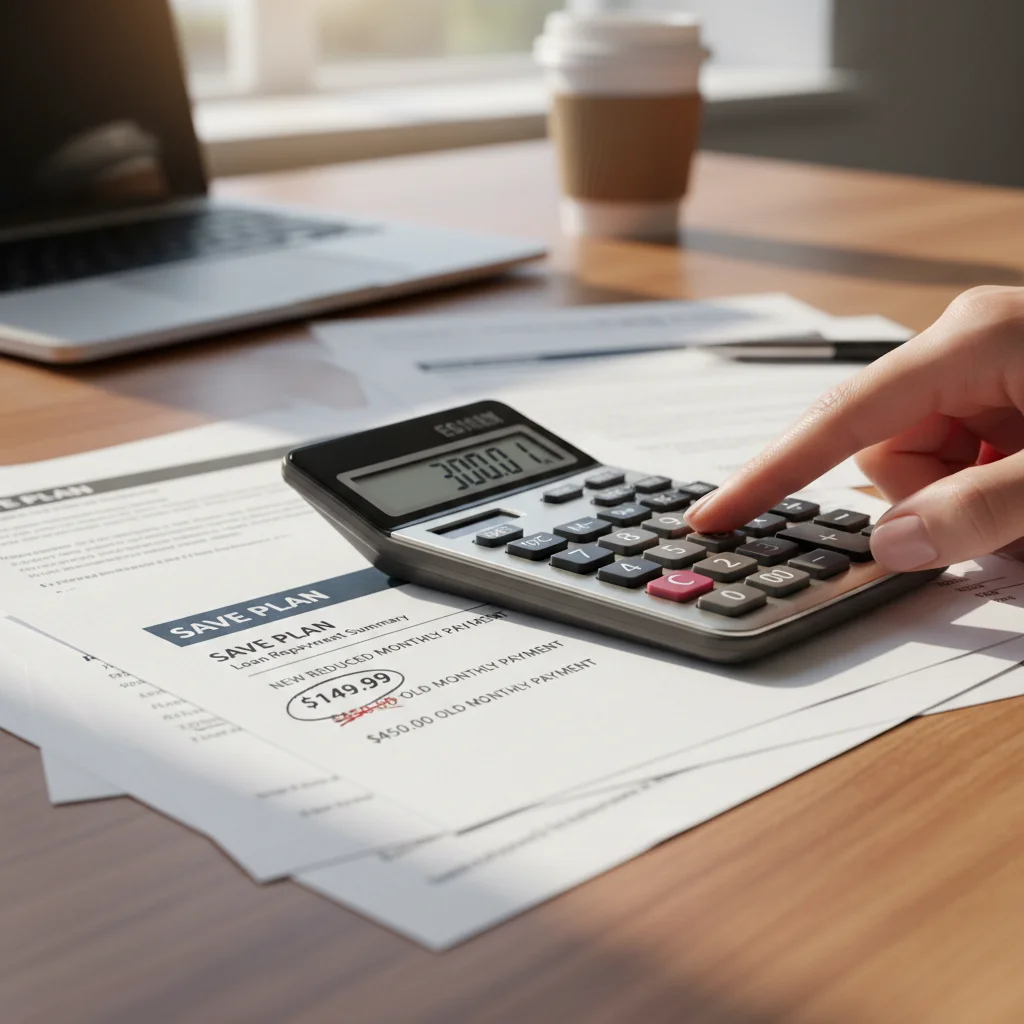 Hand pointing to reduced monthly payment on a calculator, symbolizing SAVE Plan benefits.