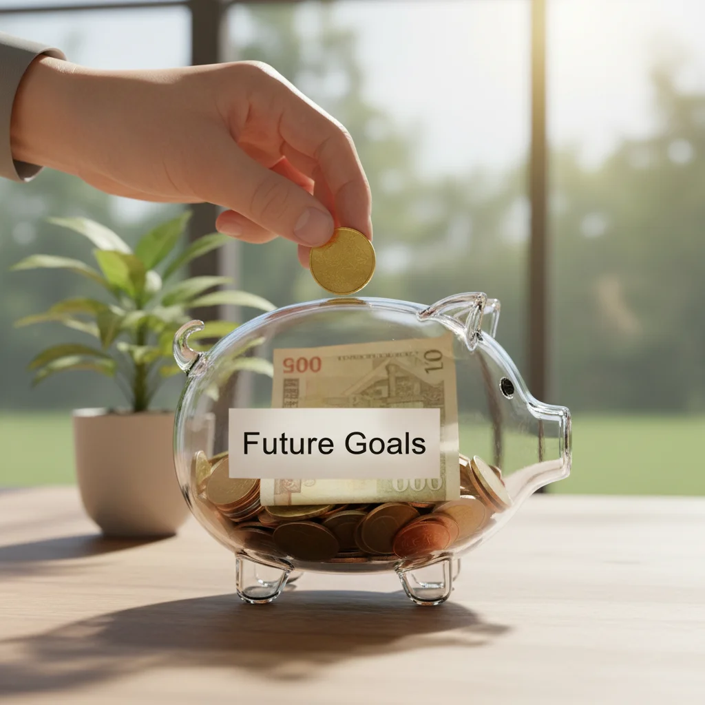 Hand putting coin into 'Future Goals' piggy bank