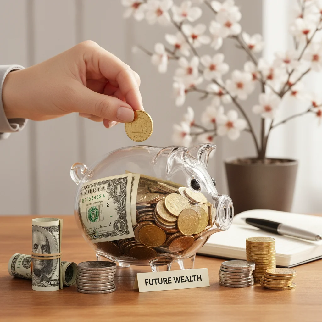 Hand placing coin into piggy bank, symbolizing savings and future investments