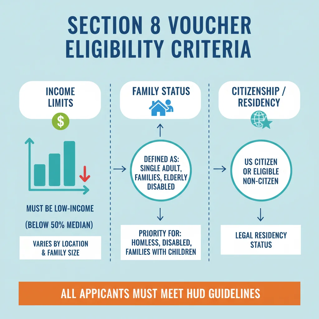 Infographic showing Section 8 eligibility criteria including income limits and family size.