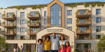 Smiling family in front of modern apartment building, representing secure housing assistance.