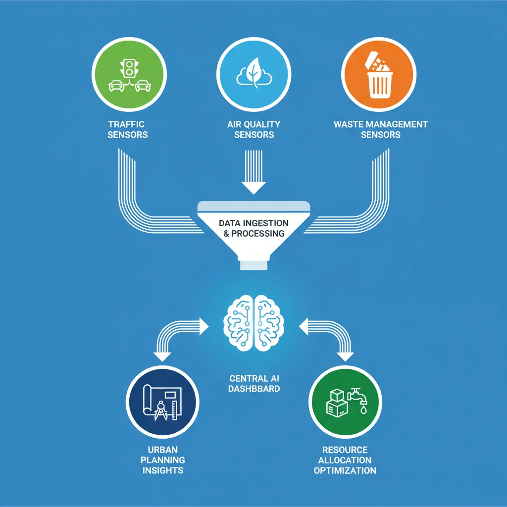 Infographic illustrating smart city technologies and AI for urban resource management.