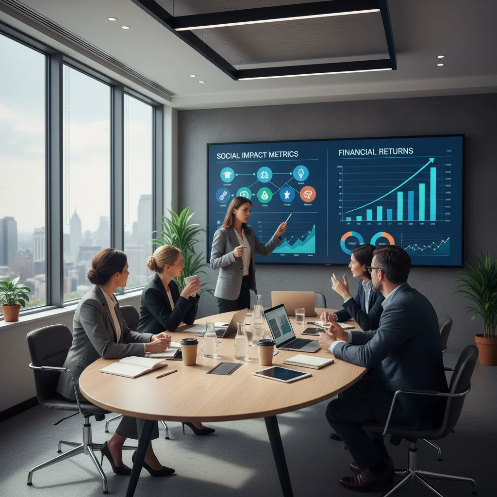 Professionals analyzing social impact data and financial metrics