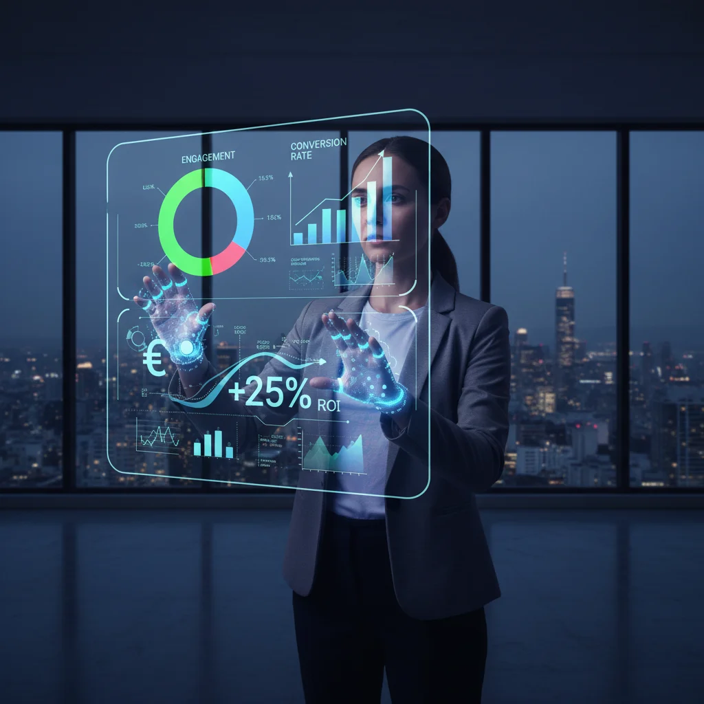 Holographic display showing social media analytics and conversion metrics.
