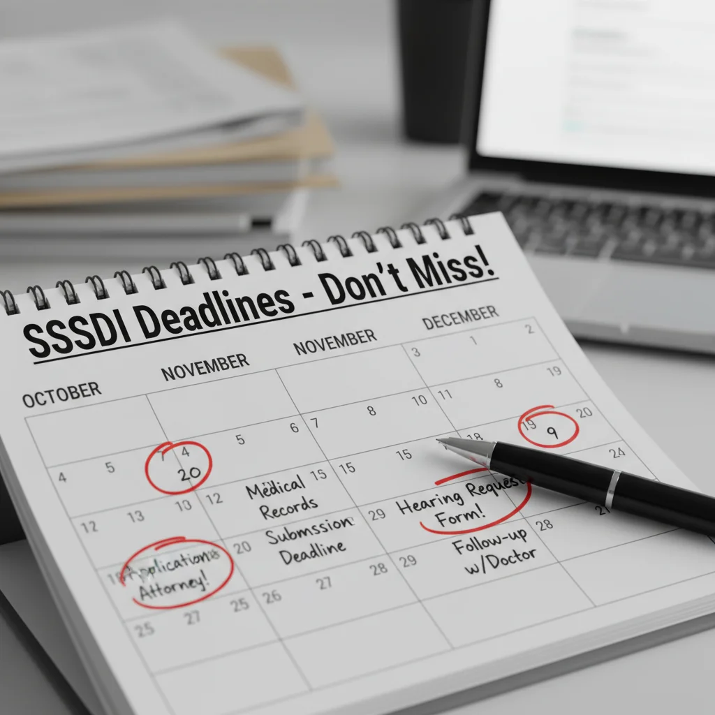 Calendar with important SSDI application deadlines and notes