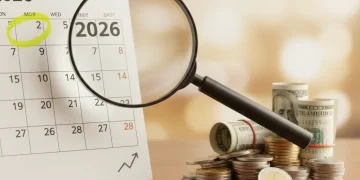 Calendar 2026 with magnified financial symbols representing SSI changes and future payments.