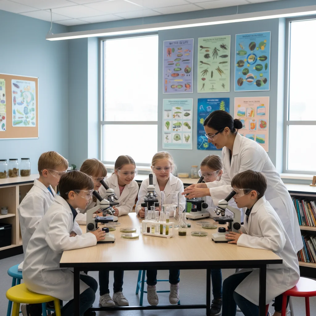 Schoolchildren examining water samples under microscopes in a lab