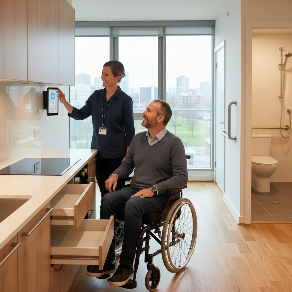 Support worker assisting disabled man in accessible apartment
