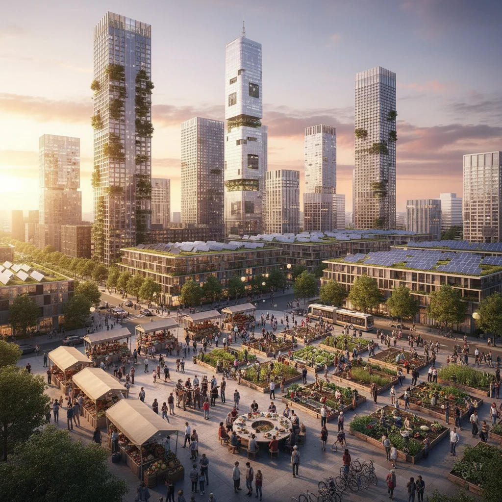 Sustainable cityscape with green buildings and diverse community engagement fostering local economic equity.