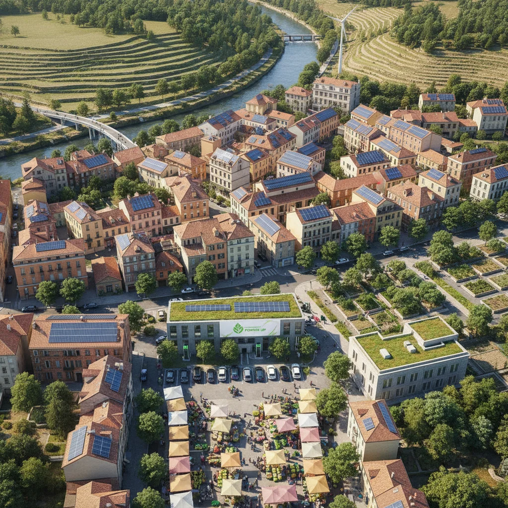 Aerial view of a sustainable and resilient small town with green infrastructure