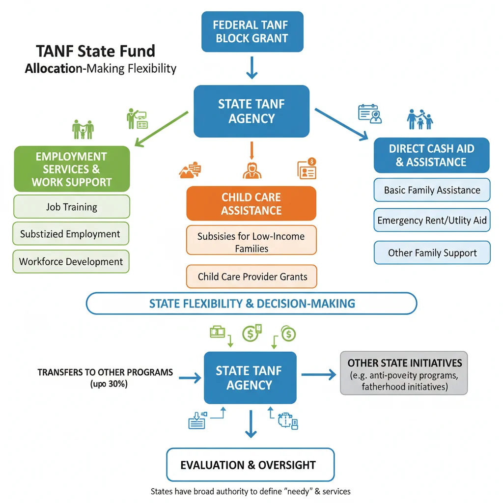 Infographic showing state-level TANF fund allocation and decision-making processes