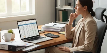 Person planning tax deductions on laptop with calculator and documents